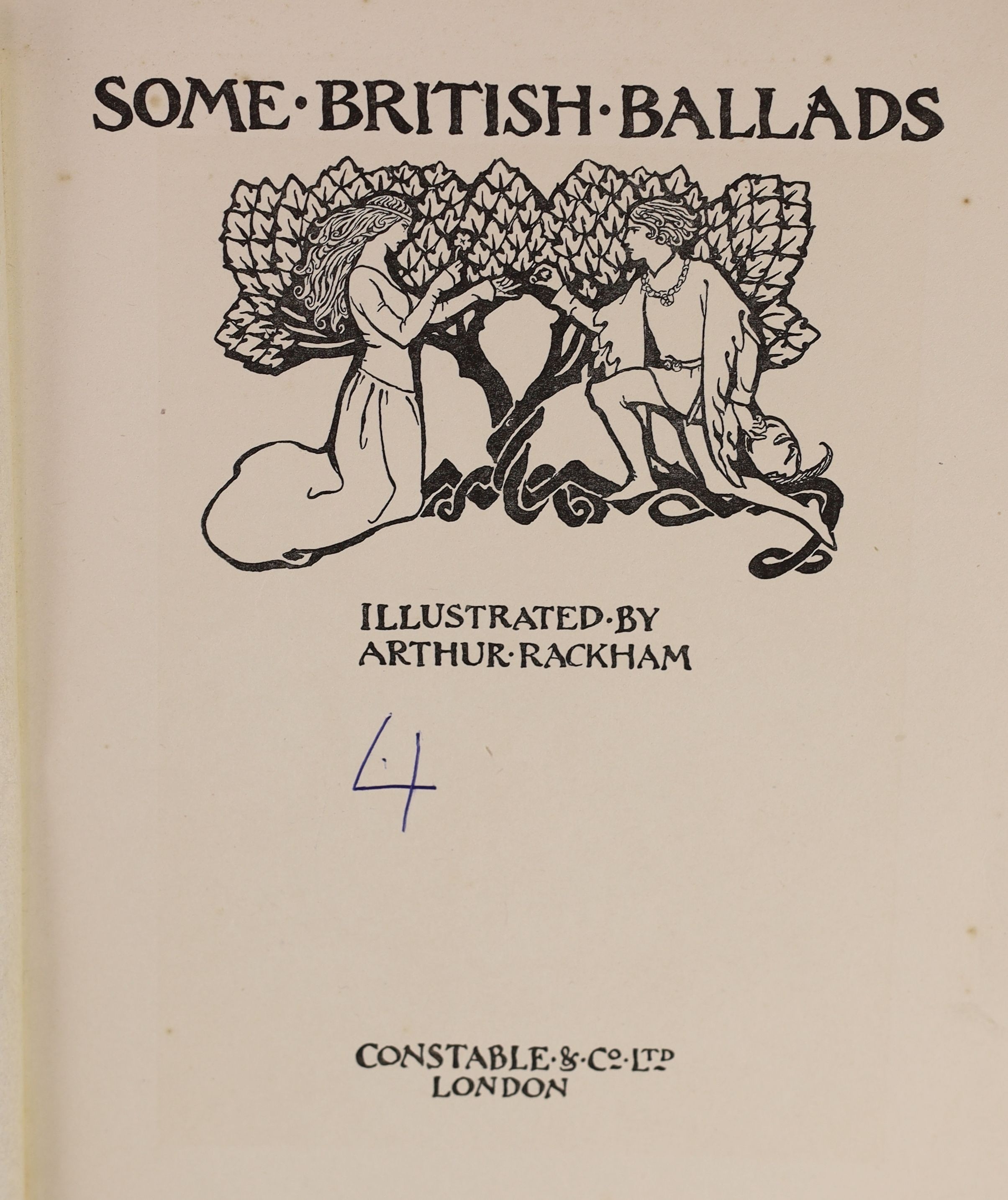 Rackham, Arthur (illustrator) - 5 works:- The Rhinegold and the Valkyrie, second impression, 1910; Siegfried & the Twilight of the Gods, ; Some British Ballads, tear to upper left of blue cloth front board, [1919]; Undin